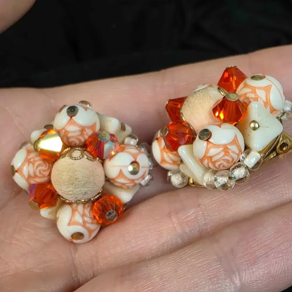 Vintage Orange White Beaded Clip-On Cluster Earrings Floral Retro Mod